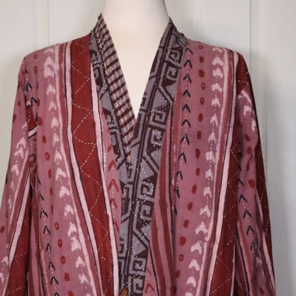 Red & White Ethnic Print Patch-Pocket Open Cardigann